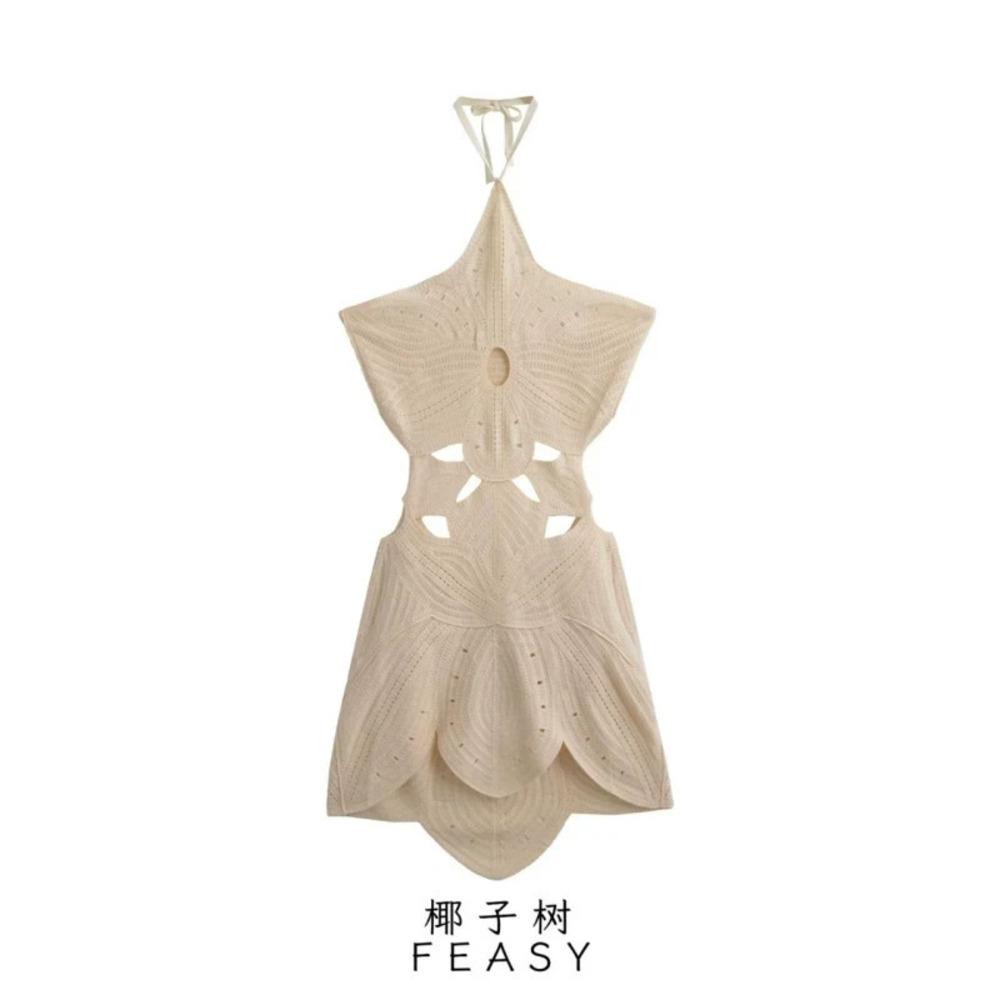 ZARA Chic Halter Neck Knit Floral Cutout Vacation Dress